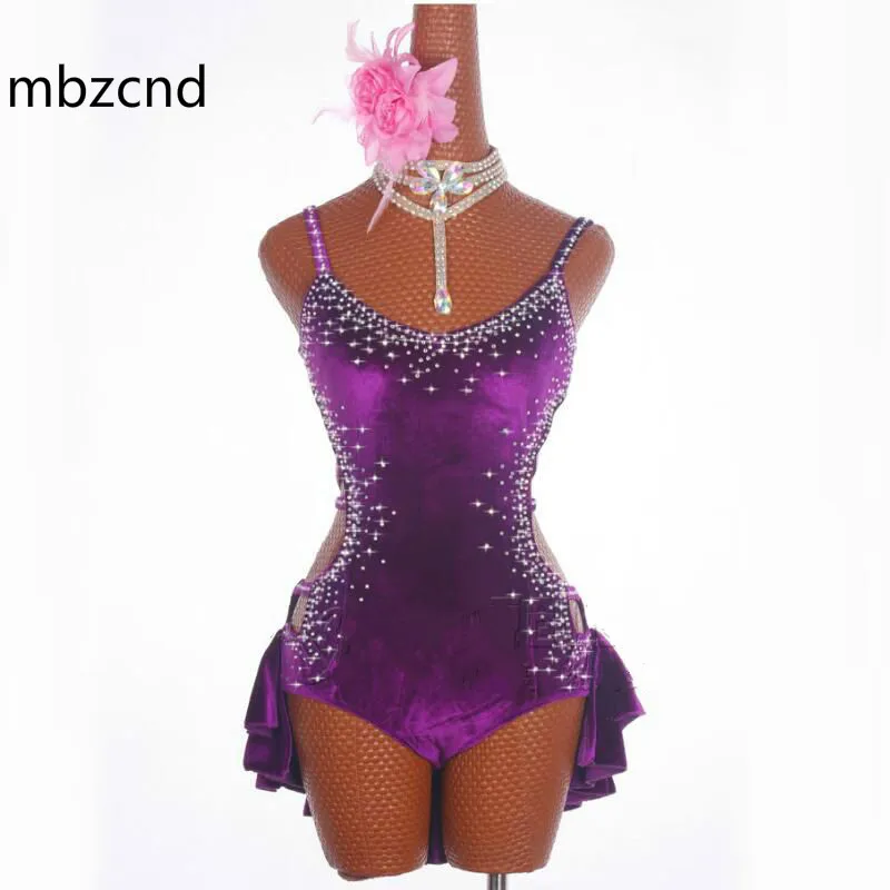 

Latin Dance Dress Female Sparkly Rhinestones Dancing Dresses For Women Rumba Samba Purple Elegant Fringe Skirt Show