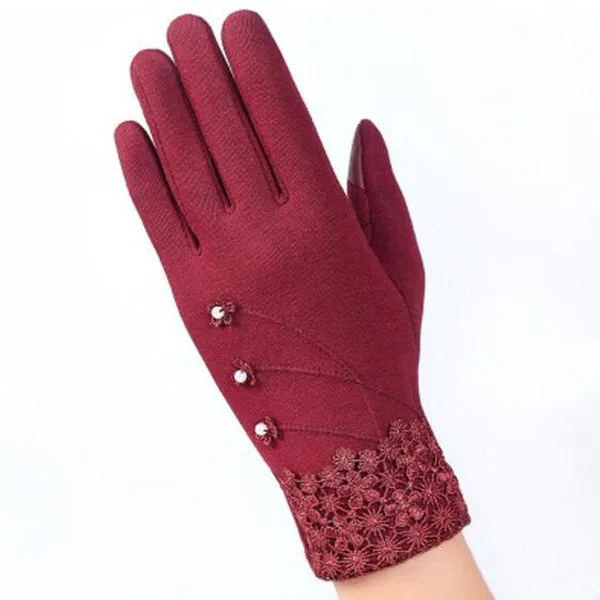 YSDNCHI женские осенние новые теплые зимние перчатки тронутые противоскользящие хлопковые цветочные повседневные перчатки для сенсорного экрана Кружева Сращивания Элегантные Перчатки - Цвет: G126 D jujube red