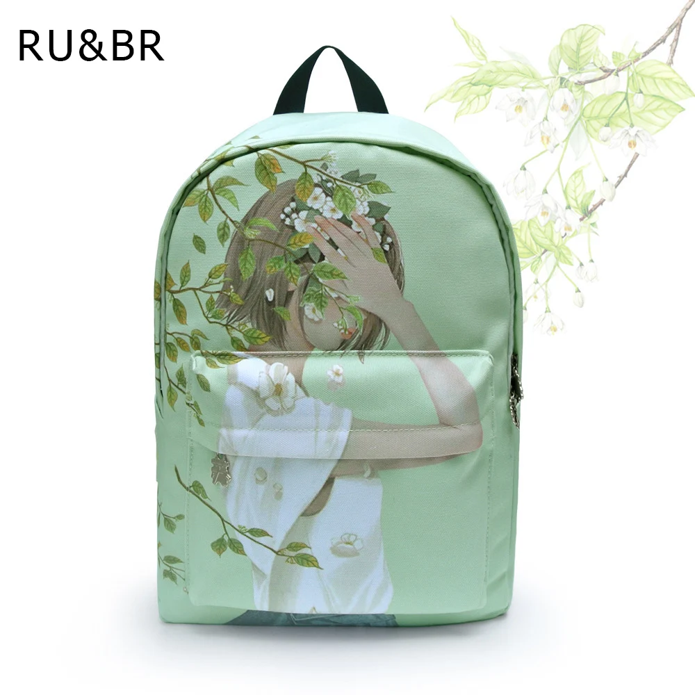 RU BR New Fresh Style Hand Painted Shoulders Bag Wear Breathable Canvas Backpack Character Pattern Female
