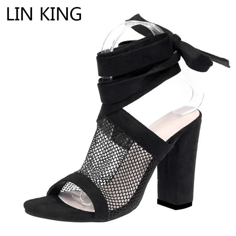 

LIN KING Retro Lace Knot Thick Sole Women Sandals High Heel Cross Tie Sandalias Solid Ladies Gladiator Summer Shoes Plus Size