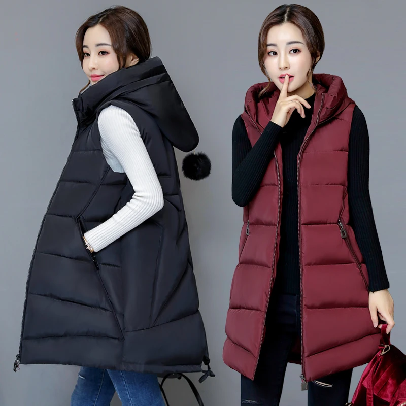 Winter vest women long Casual slim solid Big hood waistcoat vest Autumn sleeveless cotton padded parka coat for female