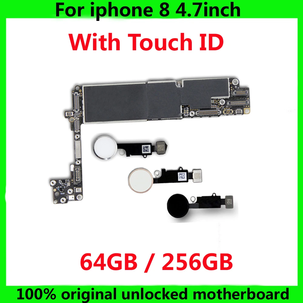 

For iphone 8 Original unlocked IOS System motherboard with / NO touch ID 64gb 256gb Clean iCloud mainboard+chips logic board