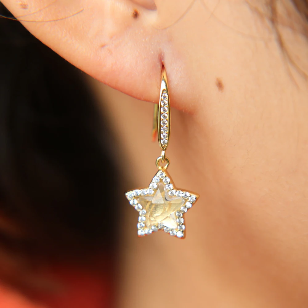 100% 925 sterling silver stamp 925 gold silver color star charm dangle cz star pendant hook fashion women girl earring (2)