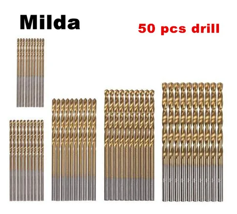 Milda, 50 шт в наборе, 1/1. 5/2. 0/2. 5/3 мм Титан покрытием сверла из быстрорежущей стали с алмазным напылением для сверления металла может настроить Размеры Материал со стразами