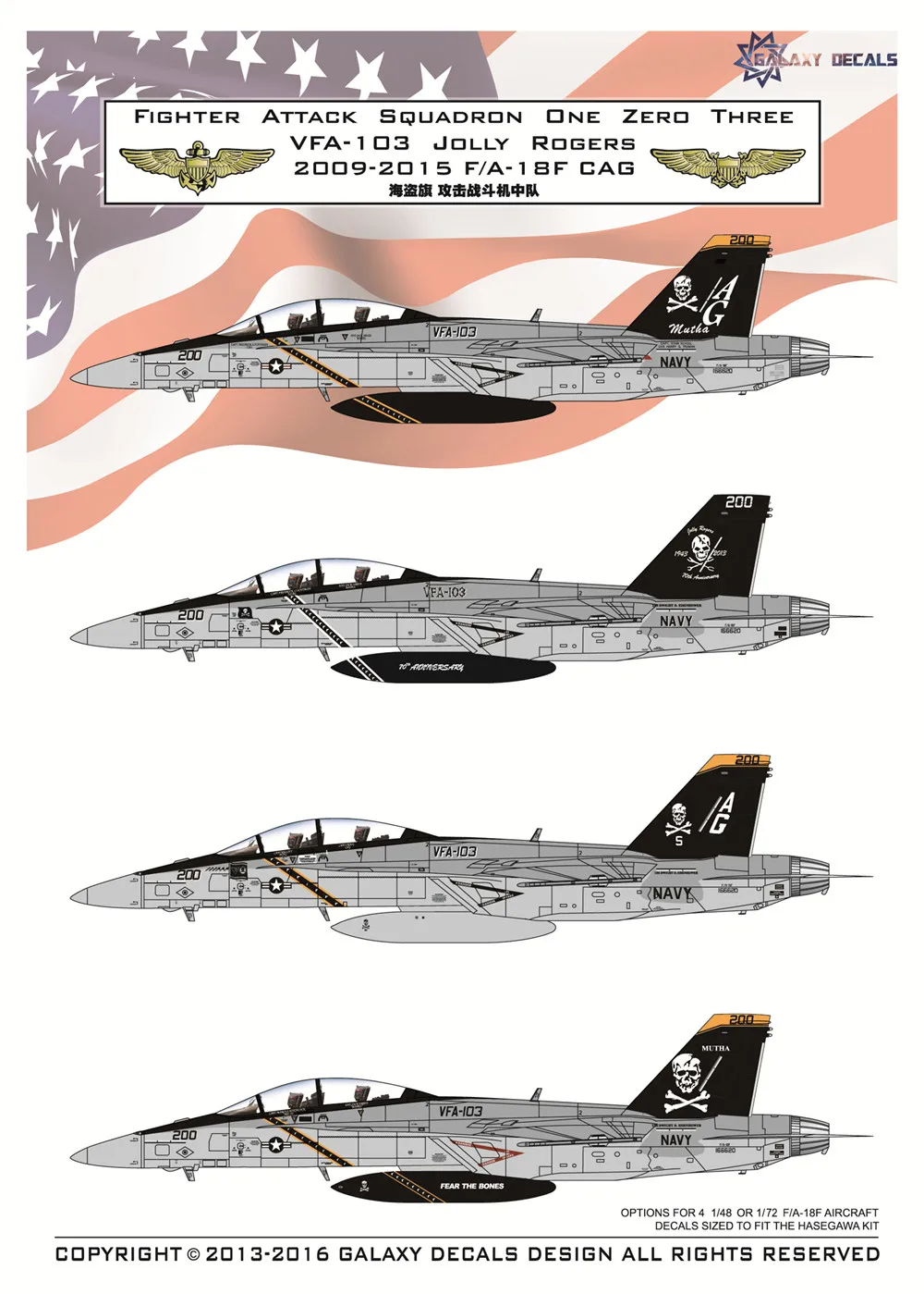 

GALAXY Model G48002 1/48 Scale US Navy F/A-18F VFA-103 Jolly Rogers Decal 2009-2015