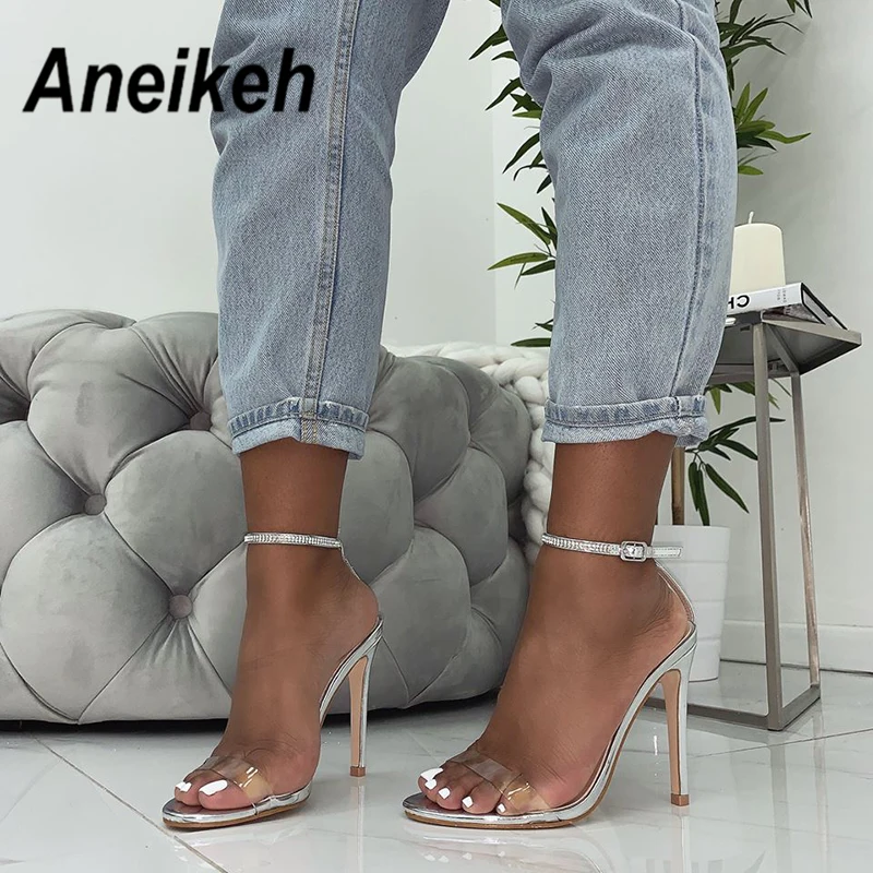 

Aneikeh 2019 New Fashion Crystal Sandals Summer Sexy Women Thin High Heels Open Toe PVC Gladiator Buckle Strap Dress Lady Shoes