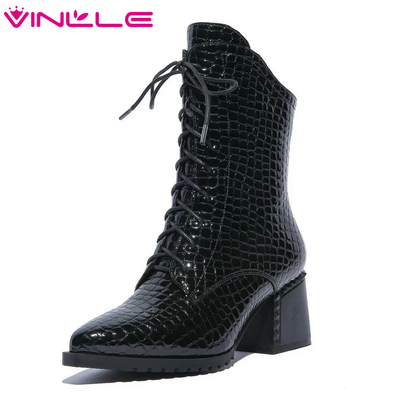 

VINLLE 2019 Women Shoes Ankle Boots Square High Heel Checkered Leather+PU Pointed Toe Ladies Motorcycle Shoes Size 34-42