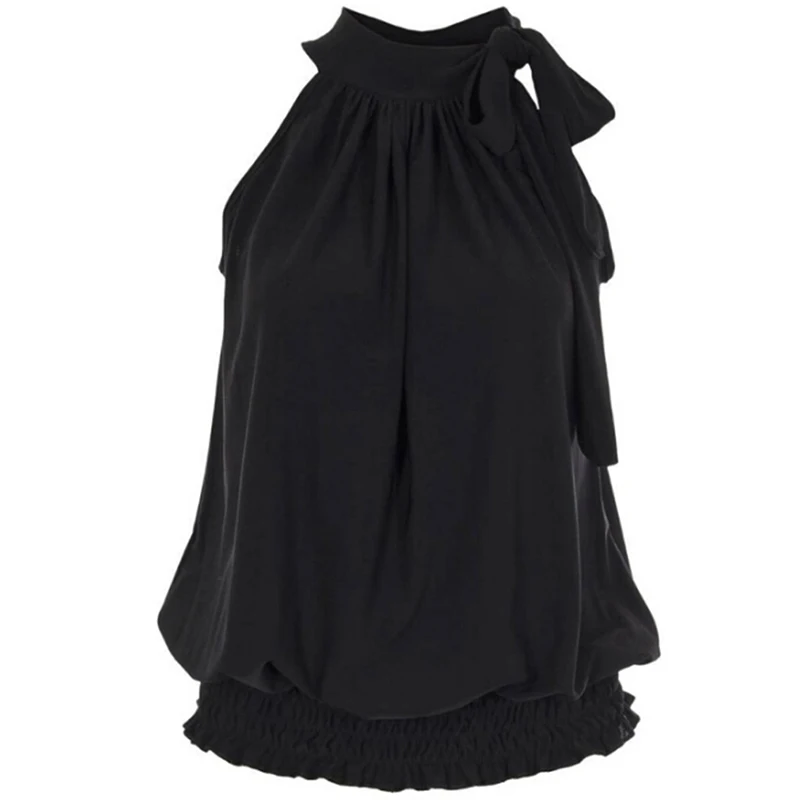 

Loose Casual Shirt Pleated Sleeveless Tops Women Off Shoulder T-Shirt Strap Sexy Bandage Sexy Elegant Bow Blusas Shirt Plus Size