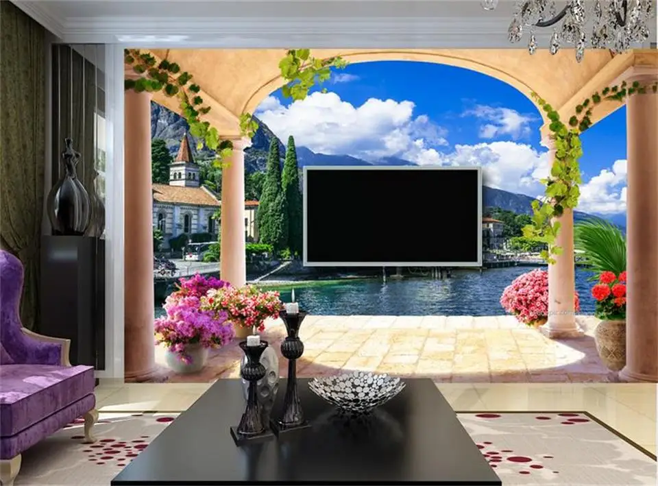 

3d Custom photo mural 3d wallpaper Pillar arches European town landscape decor painting 3d wall murals wallpaper for walls 3 d