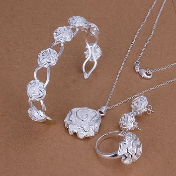 

Silver color gorgeous fashion noble elegant luxury roses bangle necklace ring earring 4pcs sets silver jewelry