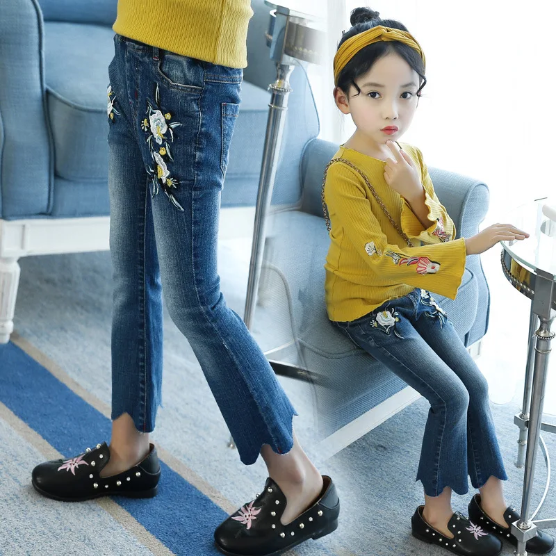 Kids Girls Flower Embroidery Blue Flared Jeans 1