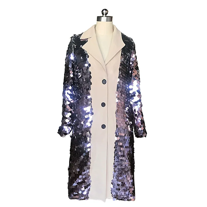 

LANMREM 2019 New Spring Both Side Wear Windbeaker For Women Fashion Korean Women Clothing Full Sleeves Sequins Long Coat WD787