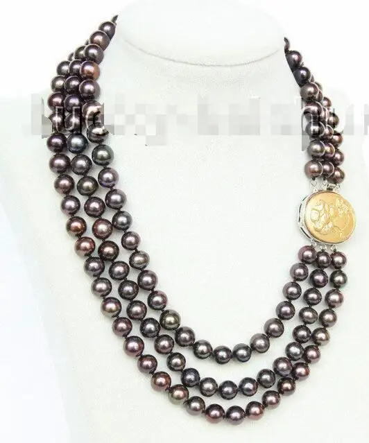 

Free Shipping >>>luster 3row 10mm round Multicolor black-brown pearls necklace looker clasp j9953