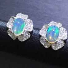 Серьги-гвоздики с натуральным и настоящим опалом в цветочек,, Стерлинговое Серебро 925 пробы, 0.8ct* 2 шт, драгоценный камень для мужчин или женщин B910299