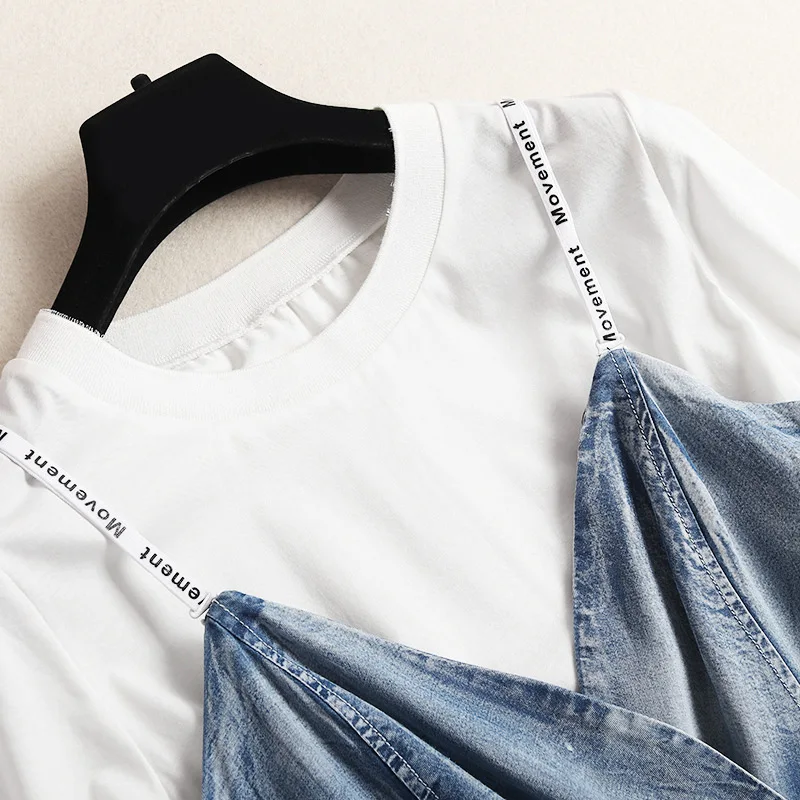 Shuchan Fashion 2019 2 Piece Set Women Cotton White T-shirt+denim Rompers Conjunto Feminino Womens Sets High Quality 50527 Shuchan Fashion 2019 2 Piece Set Women Cotton White T-shirt+denim Rompers Conjunto Feminino Womens Sets High Quality 50527