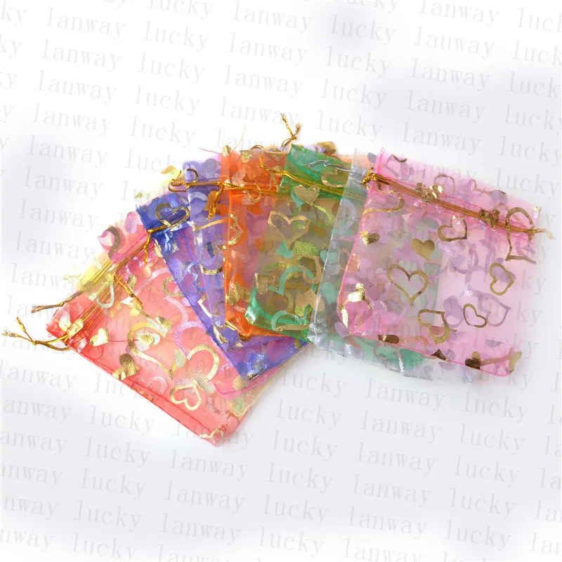 

100Pcs New Arrive 9cmx12cm Heart Organza Gift Pouches Jewelry Tulle Drawstring Bag Wedding Gifts Storage Bags & Pouches