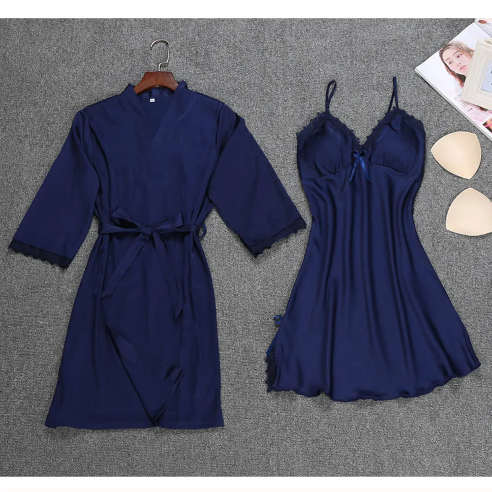 New Women Ladies Sexy Silk Satin Dress Bathrobe Nightgown Sets Lace Kimono Pajamas Lingerie Sleepwear chemise de nuit femme - Цвет: Navy Blue