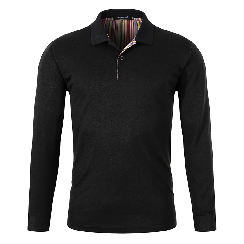 Мужская рубашка поло из вискозной ткани с длинным рукавом, однотонная, тканая, ребристая, цветная, дышащая, не мнется, 13 цветов на выбор - Цвет: Black
