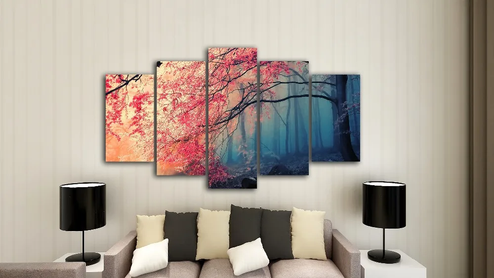 HD печатает современные стены искусства холст для гостиной 5 шт. вишни картины декор Красные Деревья лес живопись плакат