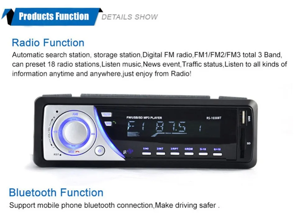 1 Din Car Audio Auto Radio Stereo Music OLED Screen Bluetooth MP3 Player AUX FM Handfree Radios With 5V USB Phone Charger Port -04