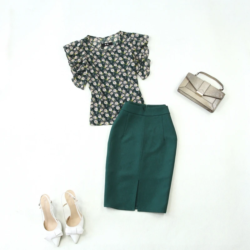 Женские костюмы, женский стиль, летняя модная шифоновая тонкая рубашка с принтом+ темно-зеленая сумка на бедрах, юбка-карандаш, комплект из двух предметов