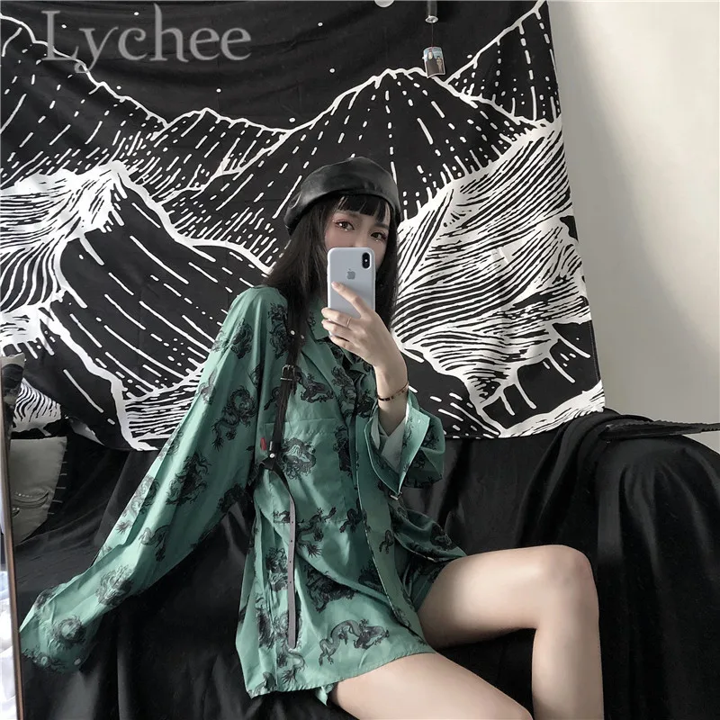 

Lychee Harajuku Dragon Print Women Blouse Shirt Turn Down Collar Long Sleeve Summer Spring Loose Color Block Lady Blouse Shirt