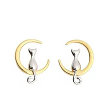 

Gold Color Moon Kitty Cat Gato Stud Earrings For Women Children Girls Kids 100% 925 Sterling Silver Jewelry brinco pequeno Aros