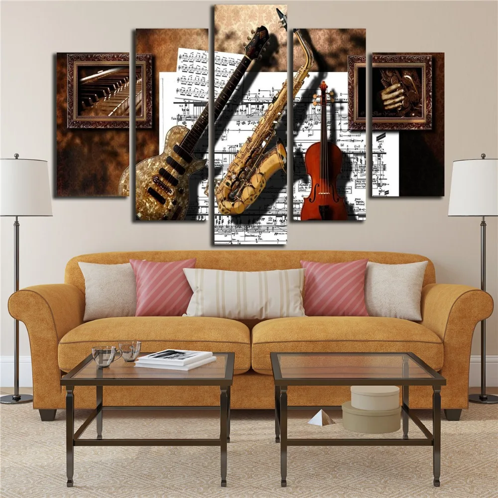 Cartaz-do-vintage-Sala-de-estar-Pintura-Da-Lona-5-Painel-Wall-Art-Pictures-Trompete-M
