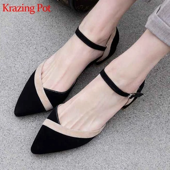 

Krazing Pot sheep suede low heels pointed toe buckle straps vintage retro less is more all-match shallow mixed color pumps L11