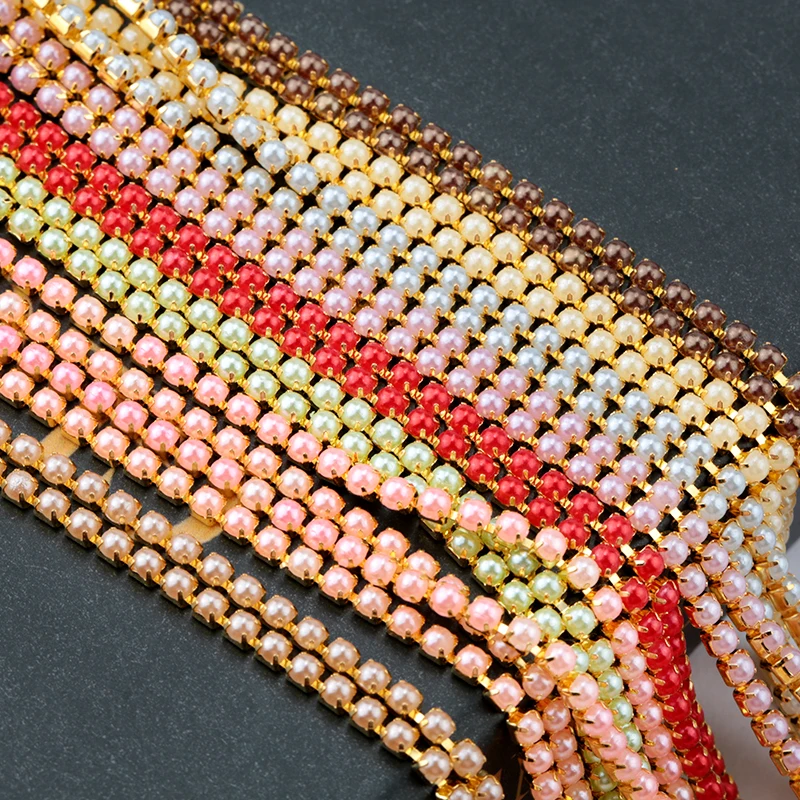 

New ABS Colorful Pearl Copper Chain SS6/2mm Gold Base Cup Pearl Chain Apparel Sewing diy Beauty Accessories