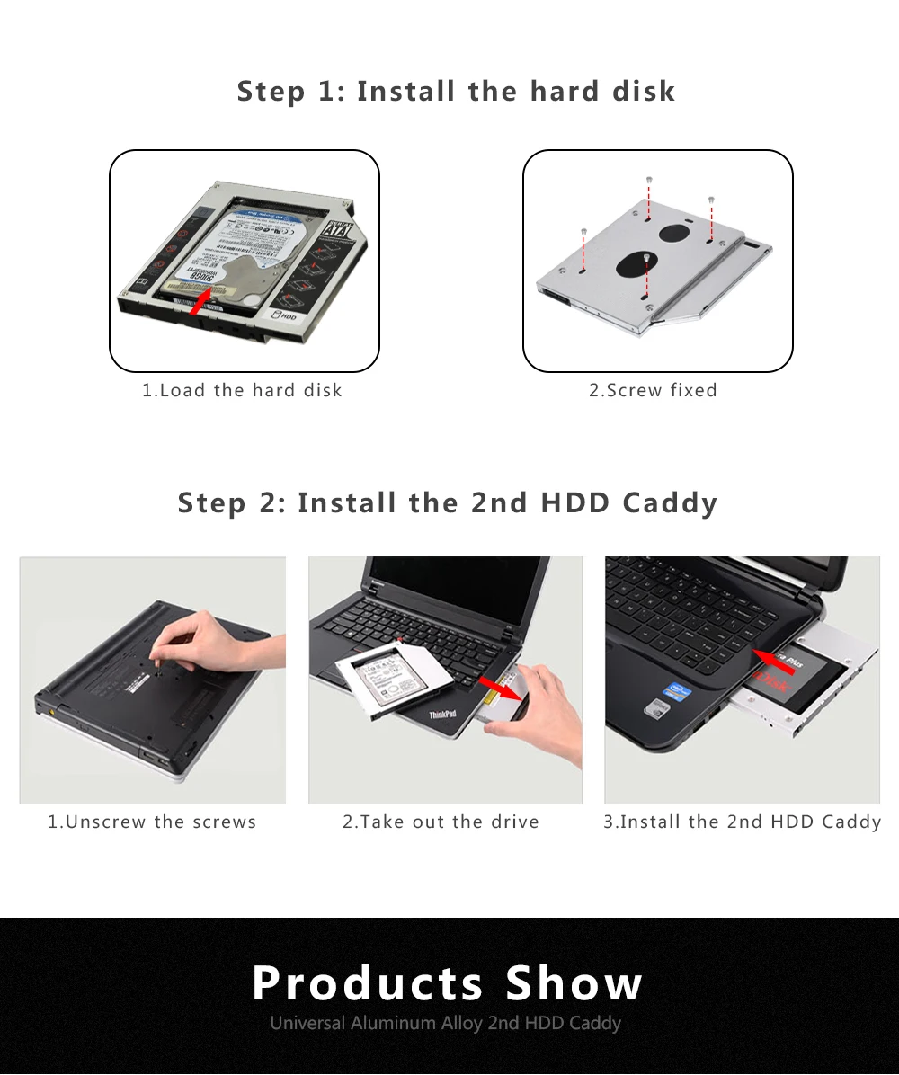 Sunvalley алюминиевый сплав 12,7 мм 2nd HDD Caddy SATA To SATA 3,0 для ноутбука DVD/CD-ROM Оптический отсек 2," HDD SSD чехол 10 шт