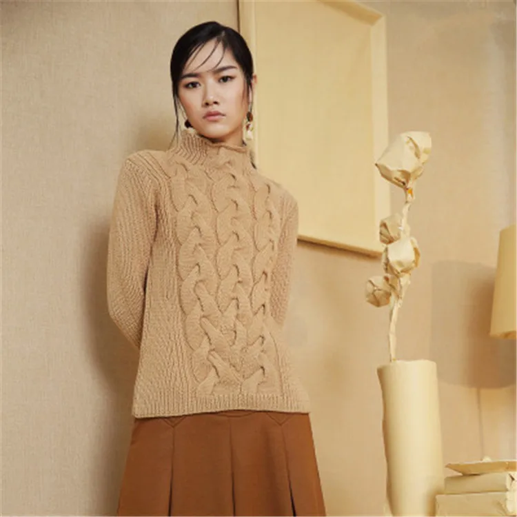  100%hand made pure wool knit women streetwear half high collar solid H-straight short pullover swea