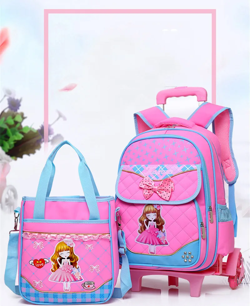 Fashion 2pcs set school backpacks 6 wheels children school bags for girls handbag waterproof cute kids travel trolley bookbag