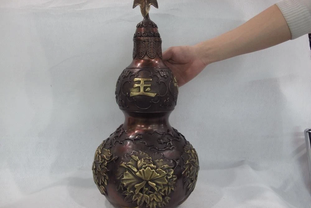 

China Red Copper Feng Shui JinYu ManTang Wealth Peony Pot Vase Gourd cucurbit