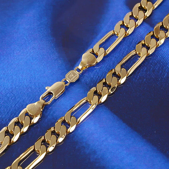 

Mens 24k Solid Gold GF 8mm Italian Figaro Link Chain Necklace 24 Inches