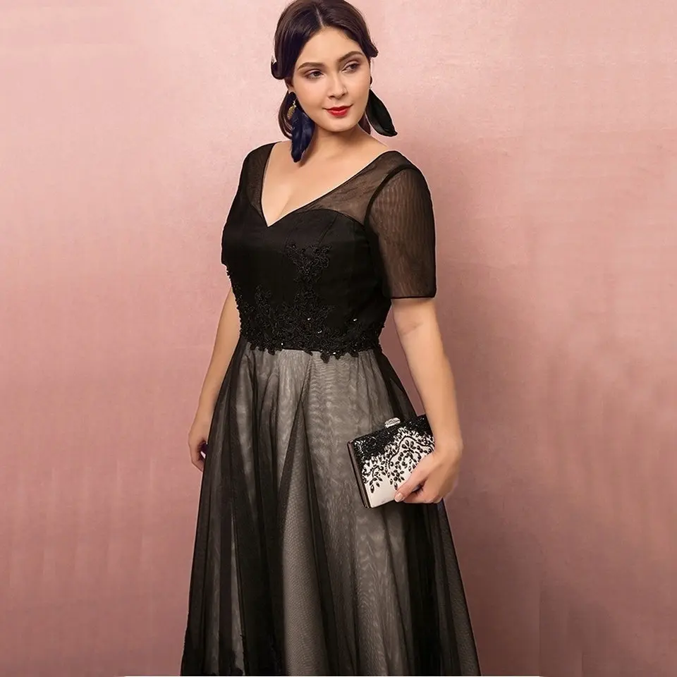 Fashion Black Plus Size Evening Dresses Long 2019 Formal Evening Gowns V Neck Tulle Appliques Women Party Dress Prom Custom Made