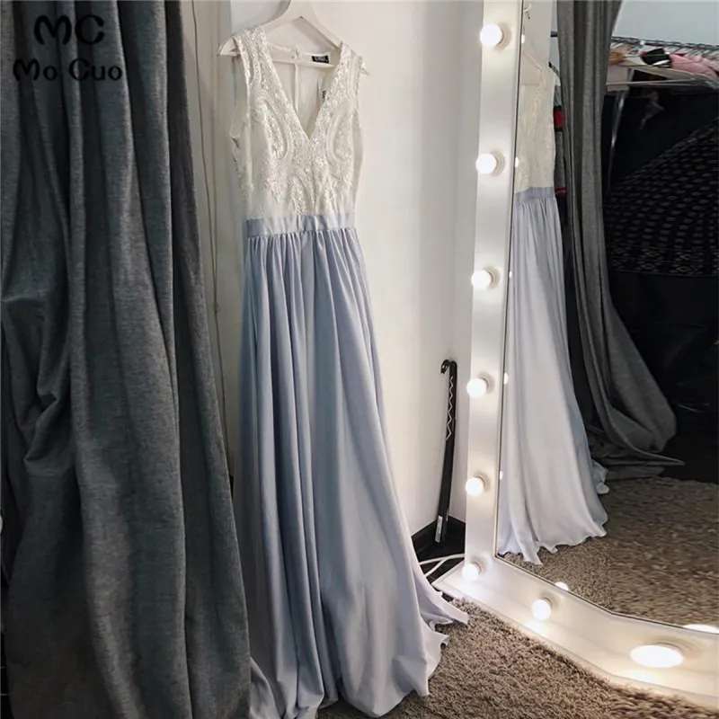A-Line V-Neck Split Front Grey Long Prom Dress with Lace44