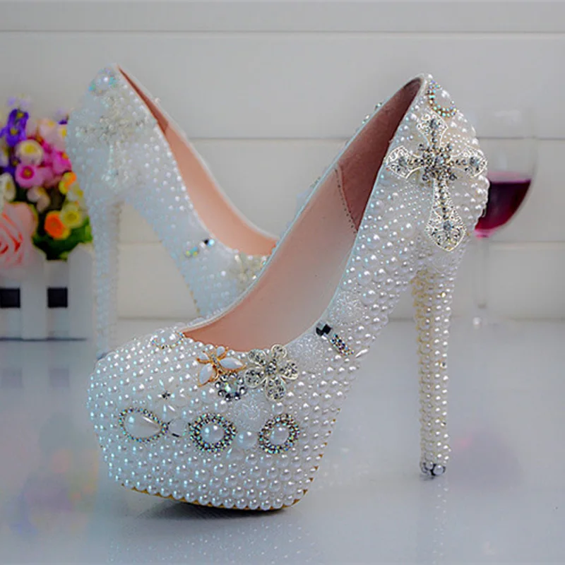 White Pearl Platform Shoes Birthday Party Prom Pumps Crystal Wedding Shoes Cross Rhinestone Bridal Dress Shoes Large Size