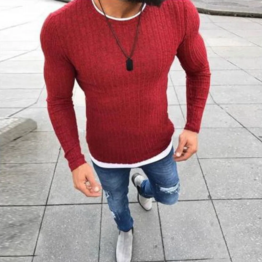 Осенняя мужская одежда, повседневный облегающий базовый вязаный свитер, однотонный пуловер, сексуальные обтягивающие тонкие свитера размера плюс 4XL 5XL
