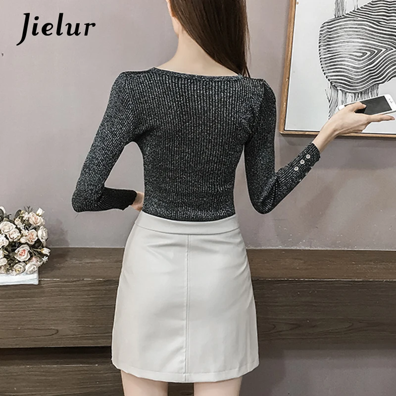 Jielur Autumn V-neck Buckles Hollow Lady's Sweater Long Sleeve OL Shine Knitted Sweater for Women Slim Basic Top Female Jielur Autumn V-neck Buckles Hollow Lady's Sweater Long Sleeve OL Shine Knitted Sweater for Women Slim Basic Top Female