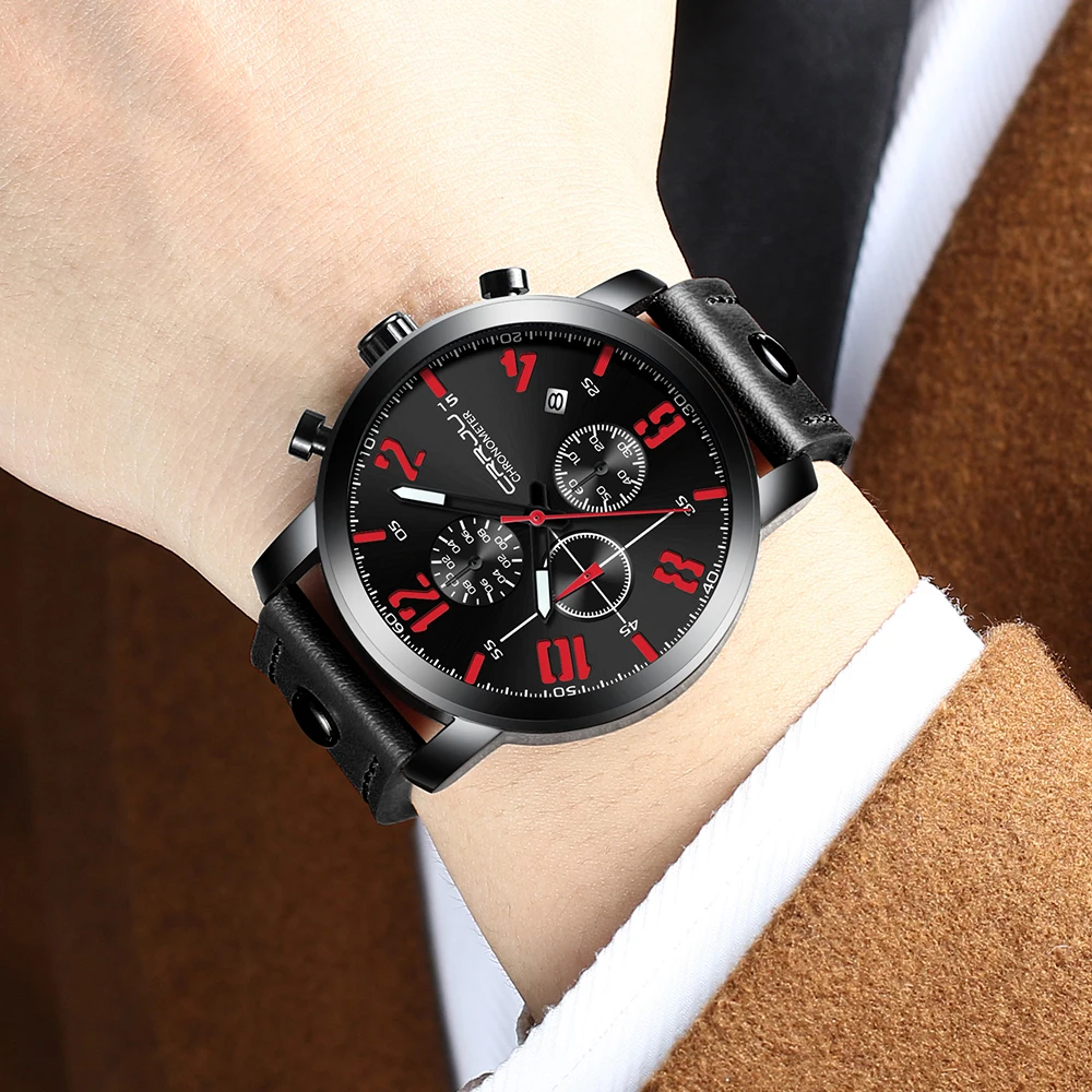

Watch Men Quartz Black Watch Top Brand Luxury Men Casual Leather Military Waterproof Sport Multi-dial Outdoor Casual Wrist Watch