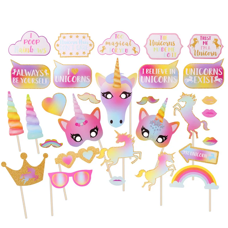 

Unicorn Theme Photo Booth Props Baby Shower Boy Girl Birthday Party Supplies Rainbow Decorations Home DIY Photography Decor