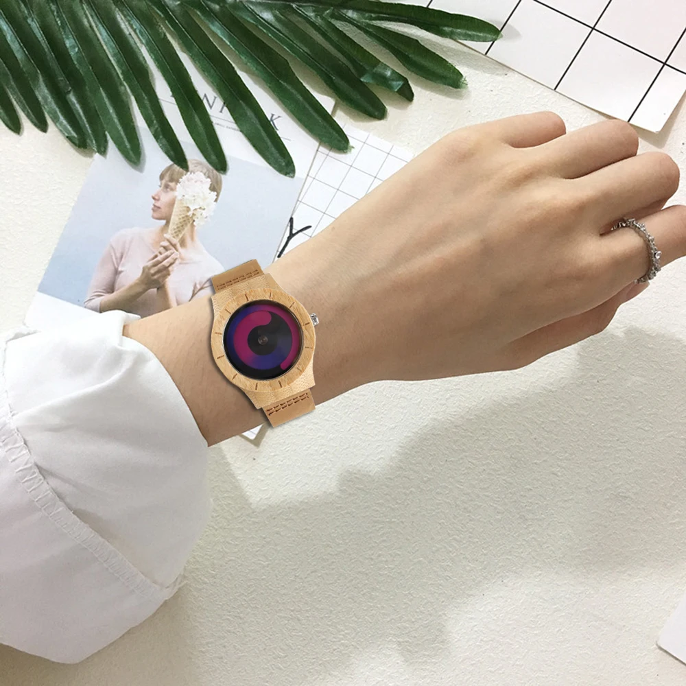 YISUYA Blue Turntable Men's Bamboo Wooden Wrist Watch Women Unisex Quartz Novel Wood Clock Genuine Leather Band Strap Watch Gift (26)