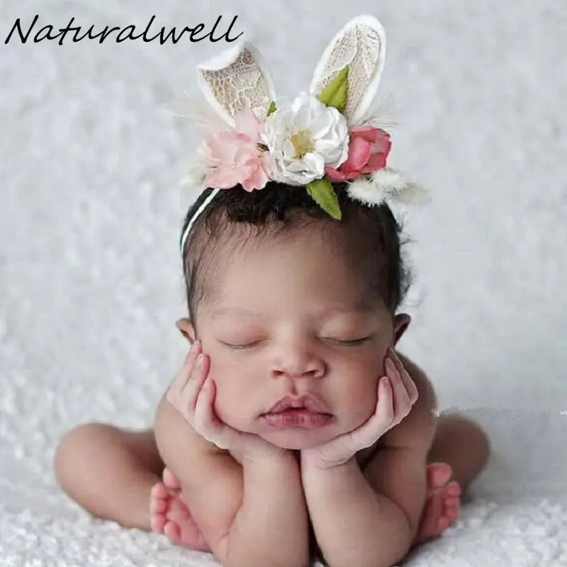 Naturalwell Девочек Кролик уха Цветок Корона оголовье новорожденных Цветок ободки Цветочные Корона для фотосессий Eater Банни hairband HB149D