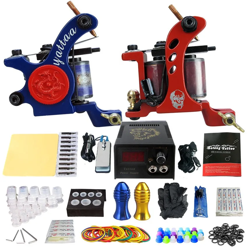 

TA02 Tattoo Kits 2Pcs Tattoo Machine Power Supply Footswitch Grip Practice Skin Needles Cleaning Tools for Shader liner