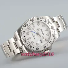 Casual Simple 43mm Bliger sapphire glass white dial date adjust ceramic bezel GMT Automatic movement Men’s Mechanical Wristwatch