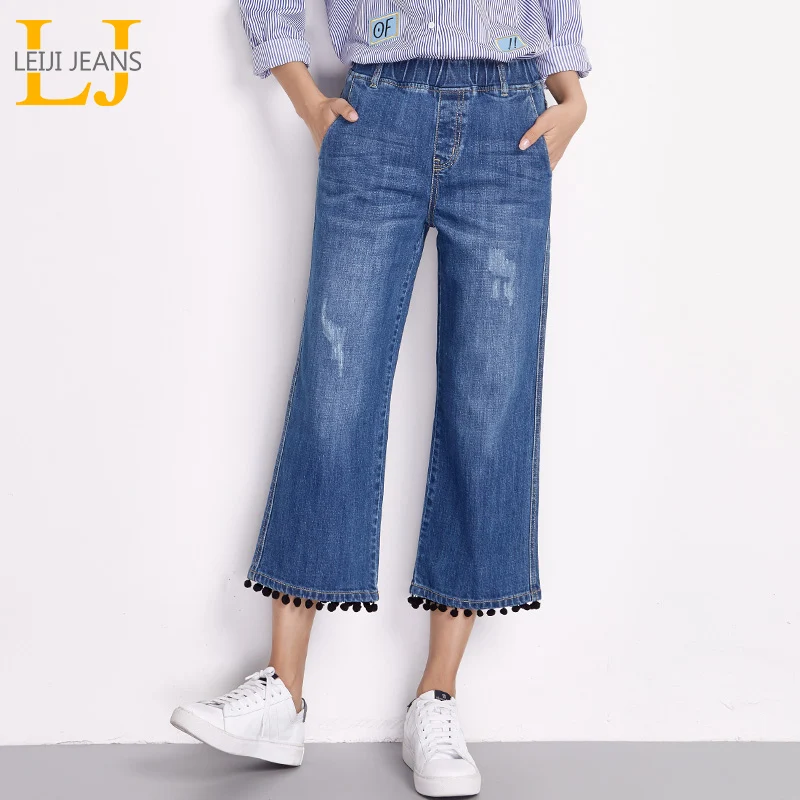 LEIJIJEANS Новое поступление плюс размеры отбеленные дно хлопок мяч Высокая эластичный пояс ботильоны длина повседневное широкие брюки для