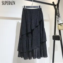 SuperAen шифоновое в горошек юбка женская весна и лето 2019 Высокая талия женские юбки нерегулярные дикие повседневные Модные женские юбки