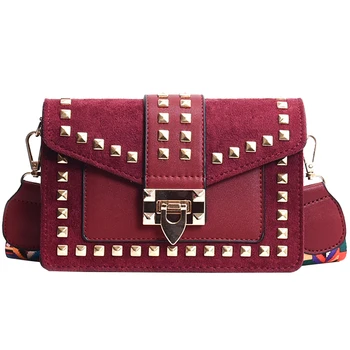 

Autumn Winter Women's Rivet Small Square Bag Fashion Wild Wide Shoulder Strap One Shoulder Messenger Bag Matte Leather Handbag