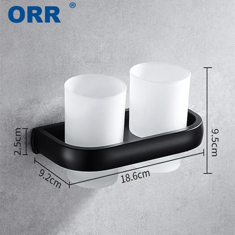Space Aluminium Matte Black Wall Mount Double Frosted Glass Toothbrush Holder Mouthwash Cup